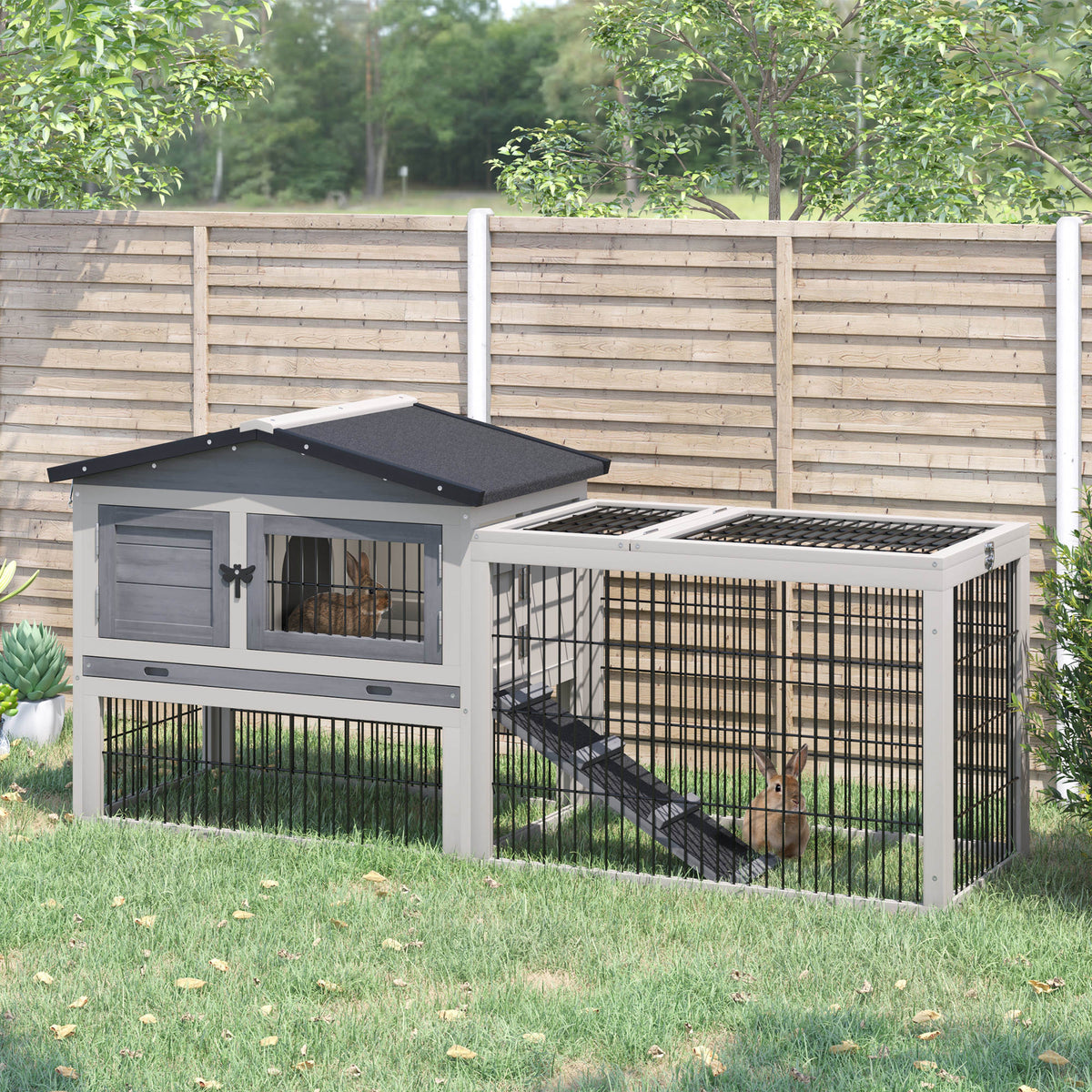 Coelheira de Exterior de Madeira Gaiola para Coelhos com Múltiplas Entradas Bandeja Removível e Grande Espaço Interior 150x52.5x68cm Cinza — foto 2