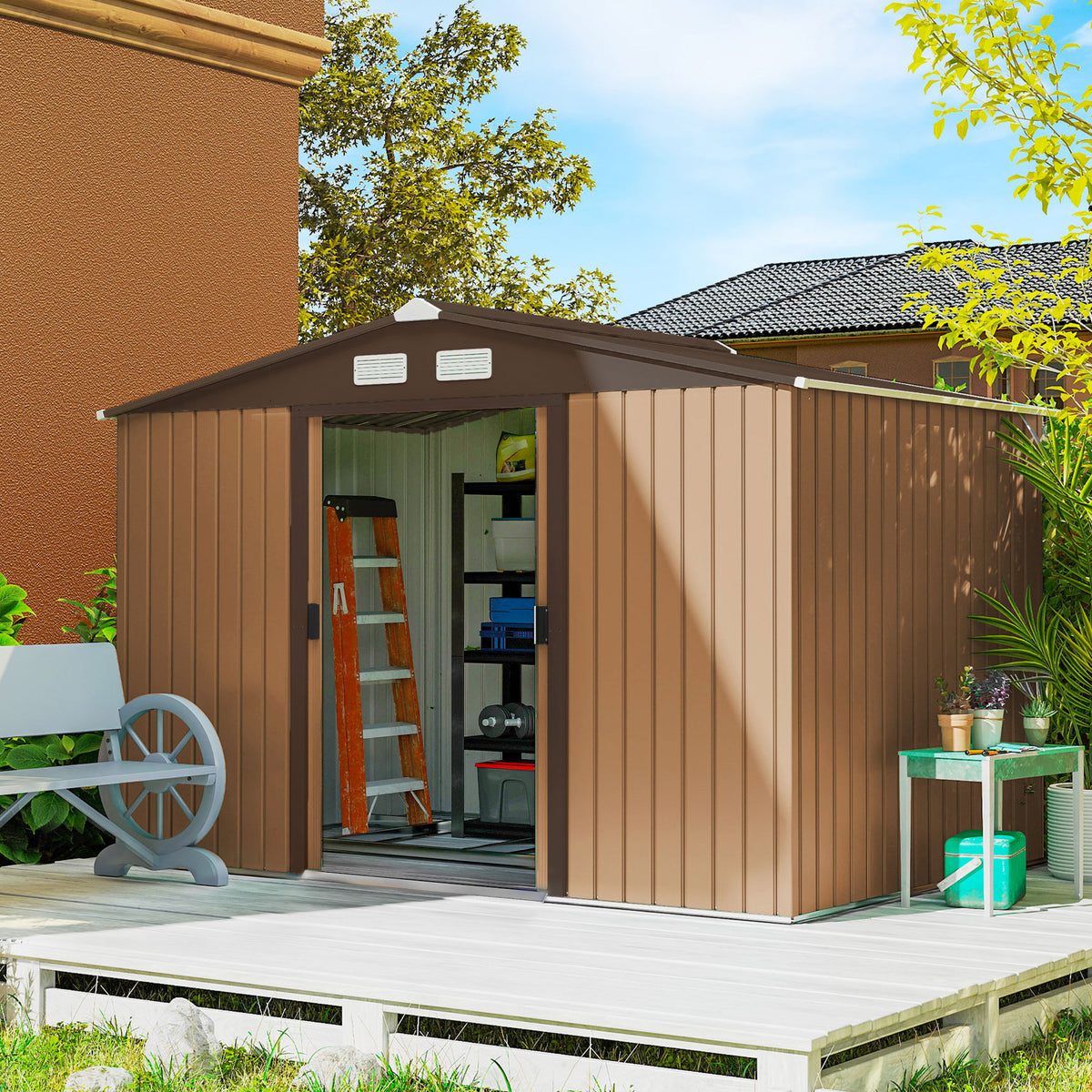 Abrigo de Jardim Exterior 4,83m² 277x195x192cm Abrigo de Jardim Metálico para Armazenamento de Ferramentas com Base de Reforço Incluída e 4 Janelas Marrom — foto 2