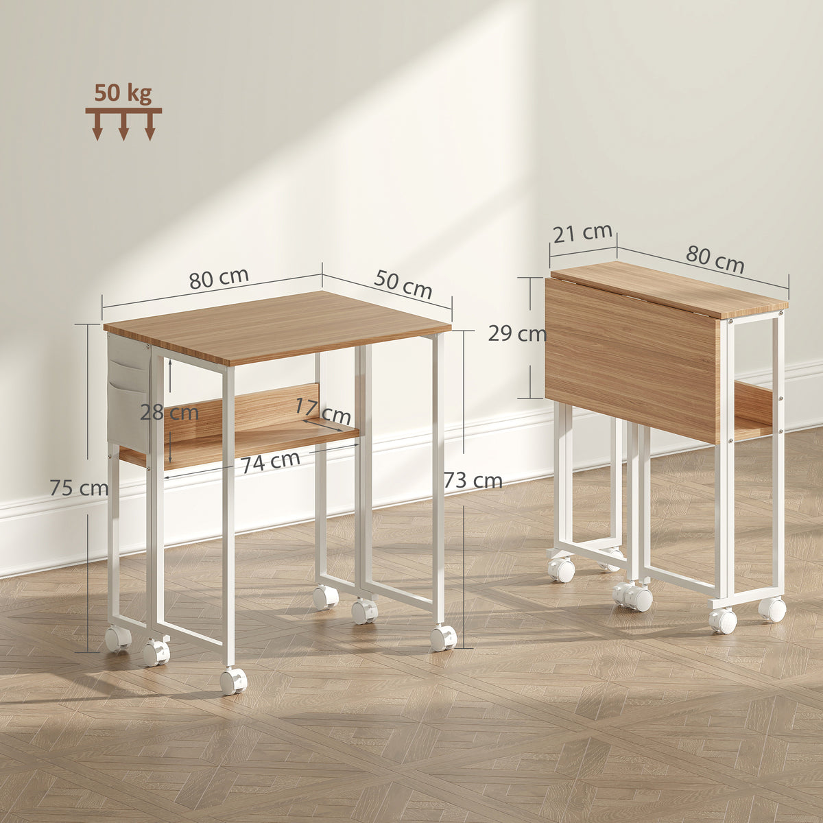 Secretária Dobrável com Rodas e Prateleira Mesa Secretária Compacta com Bolsa de Armazenamento Mesa para Computador Portátil para Casa Escritório Espaços Pequenos 80x50x75 cm Madeira e Branco — foto 3