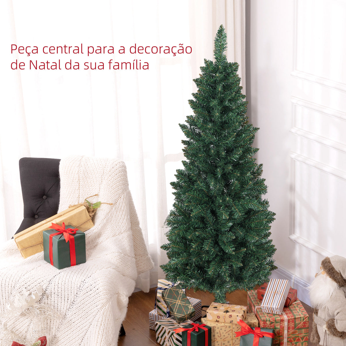 Árvore de Natal Estreita Árvore de Natal Tipo Lápis de 150 cm com Base Dobrável e 317 Ramos para Escritório Verde — foto 4