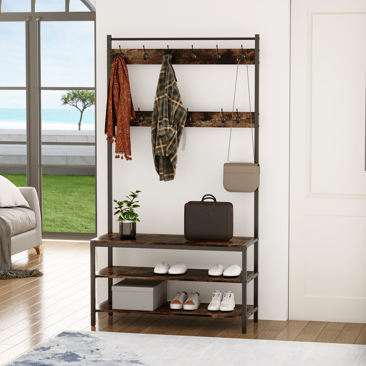 Cabide com sapateira Cabide com 12 ganchos Banco estilo industrial com 3 prateleiras Estrutura metálica 100x40x184 cm Castanho Rústico e Preto — foto 2
