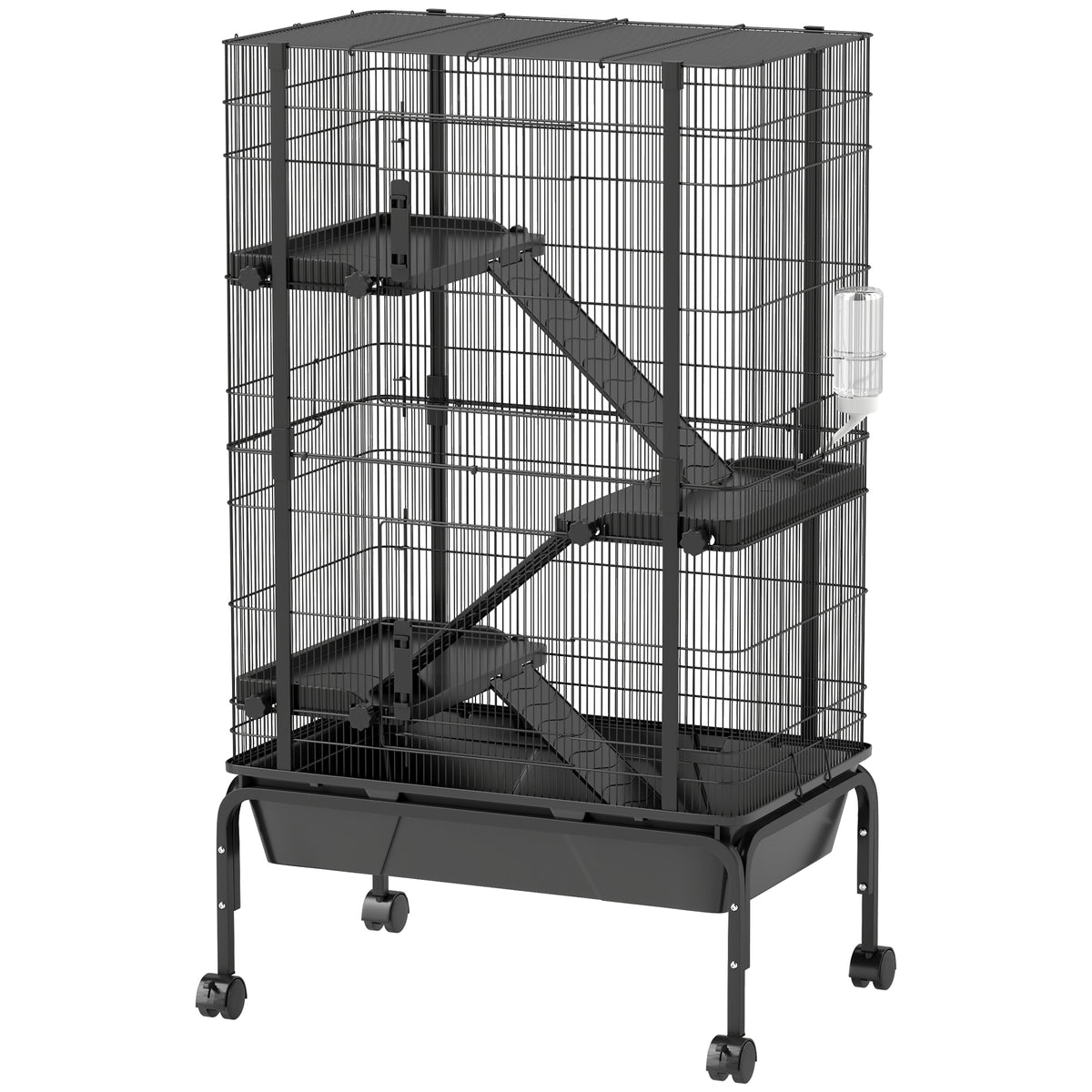 Gaiola para Animais Pequenos de 4 Níveis Gaiola para Roedores com Rodas Rampas Tigela Garrafa de Água e Bandeja Removível Recinto para Coelhos Chinchilas Furões 69x44x120 cm Preto — foto 1