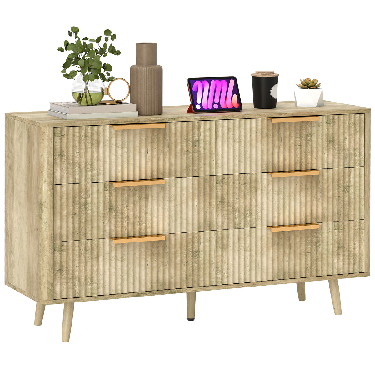 Cómoda com 6 Gavetas para Dormitório Cómoda com Frentes das Gavetas Estriadas e Pés de Madeira Cómoda para Sala ou Corredor 120x40x76 cm Madeira — foto 1