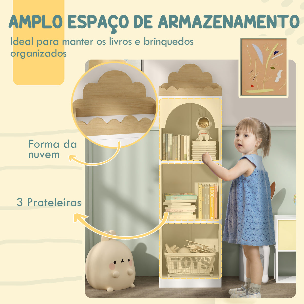 Estante para Livros Infantil Estante para Livros de 3 Niveis Estante de Livros para Escola Infantil Dormitório 40x30x139,5 cm Branco e Madeira — foto 5