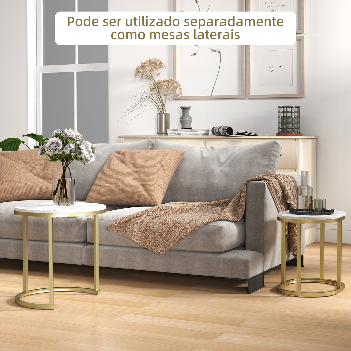 Conjunto de 2 Mesas de Centro Mesas Auxiliares Modernas com Bancada de Efeito Mármore e Estrutura de Aço para Sala Quarto Branco e Dourado — foto 7