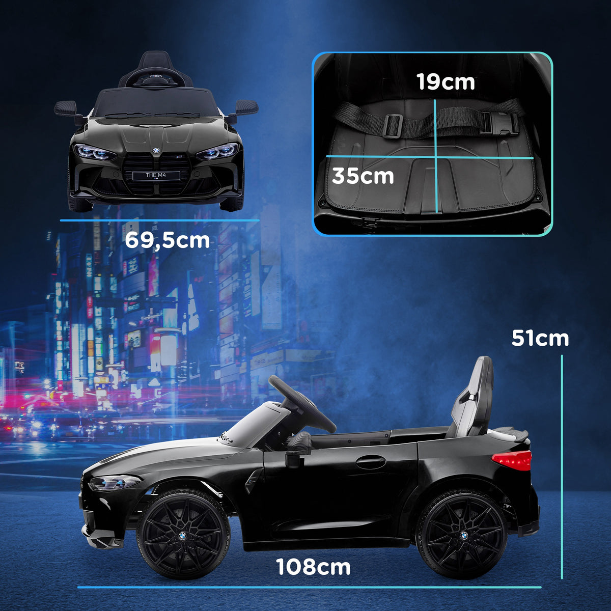 Carro Elétrico para Crianças BMW M4 Veículo Elétrico para Crianças 12V com Controlo Remoto Faróis Buzina Música Velocidade 3-5 km/h Cinto de Segurança Preto — foto 3