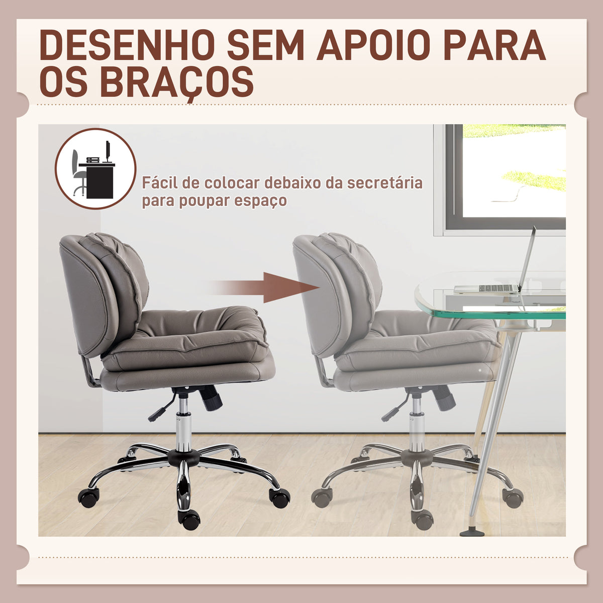 Cadeira de Escritório com Rodas Cadeira para Secretária com Função Inclinável Assento Amplo Sem Braços Duplo Acolchoamento Altura Ajustável 60x65x83-93 cm Cinza Escuro — foto 5