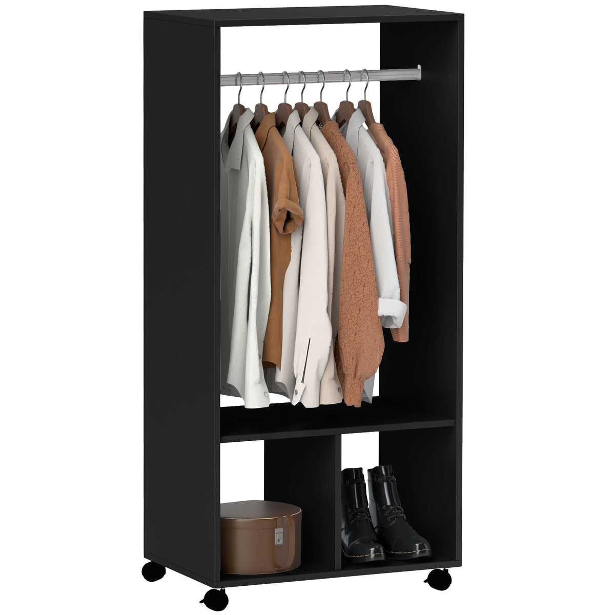 Roupeiro de Madeira Móvel Armário Roupeiro Aberto com Barra para Pendurar e Prateleiras Organizadoras para Dormitório 60x40x128 cm Preto — foto 1