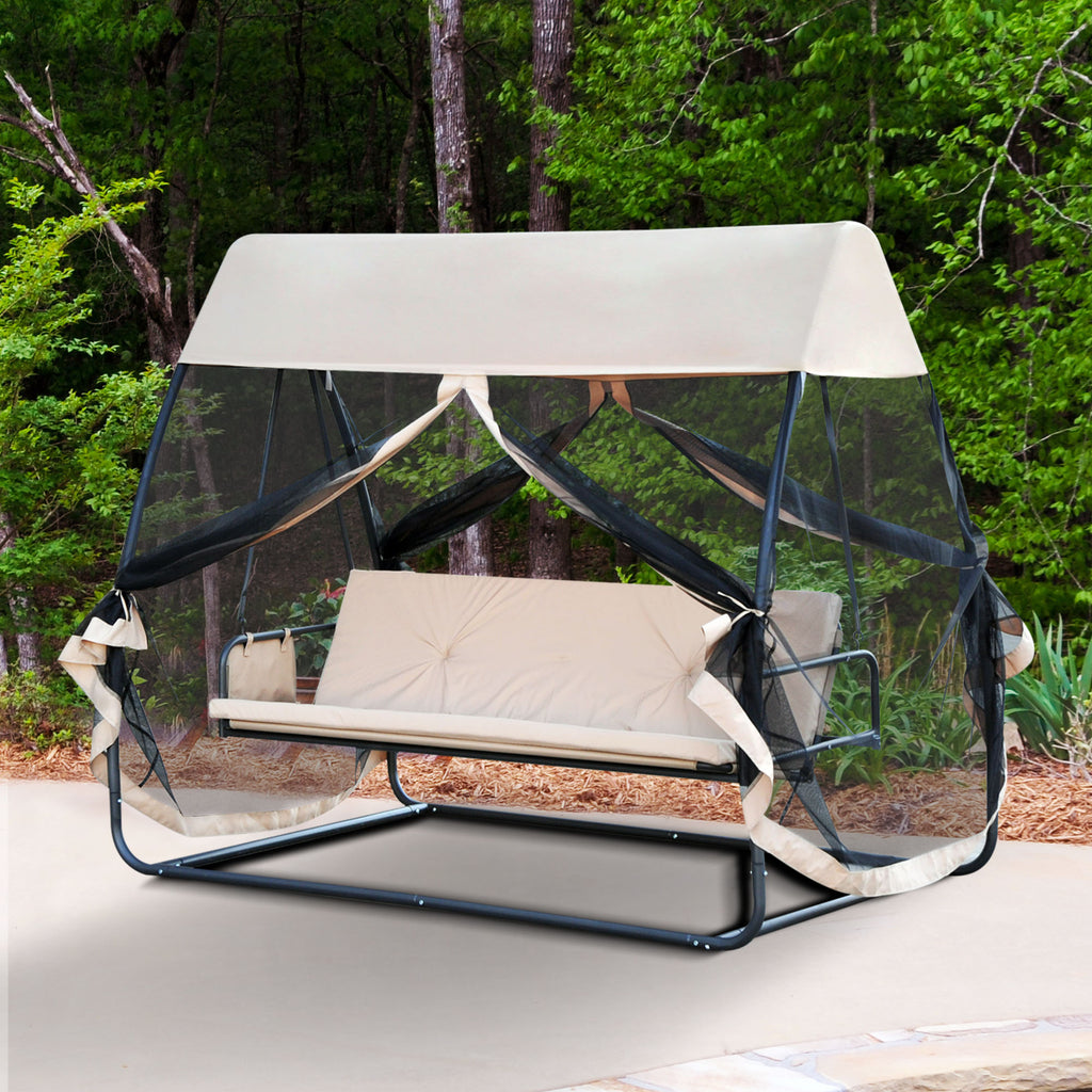 Baloiço de Jardim de 3 Lugares Convertível em Cama com Rede Mosquiteira para Terraço Balcão Exterior Carga Máxima 300kg 240x140x197cm Creme — foto 2