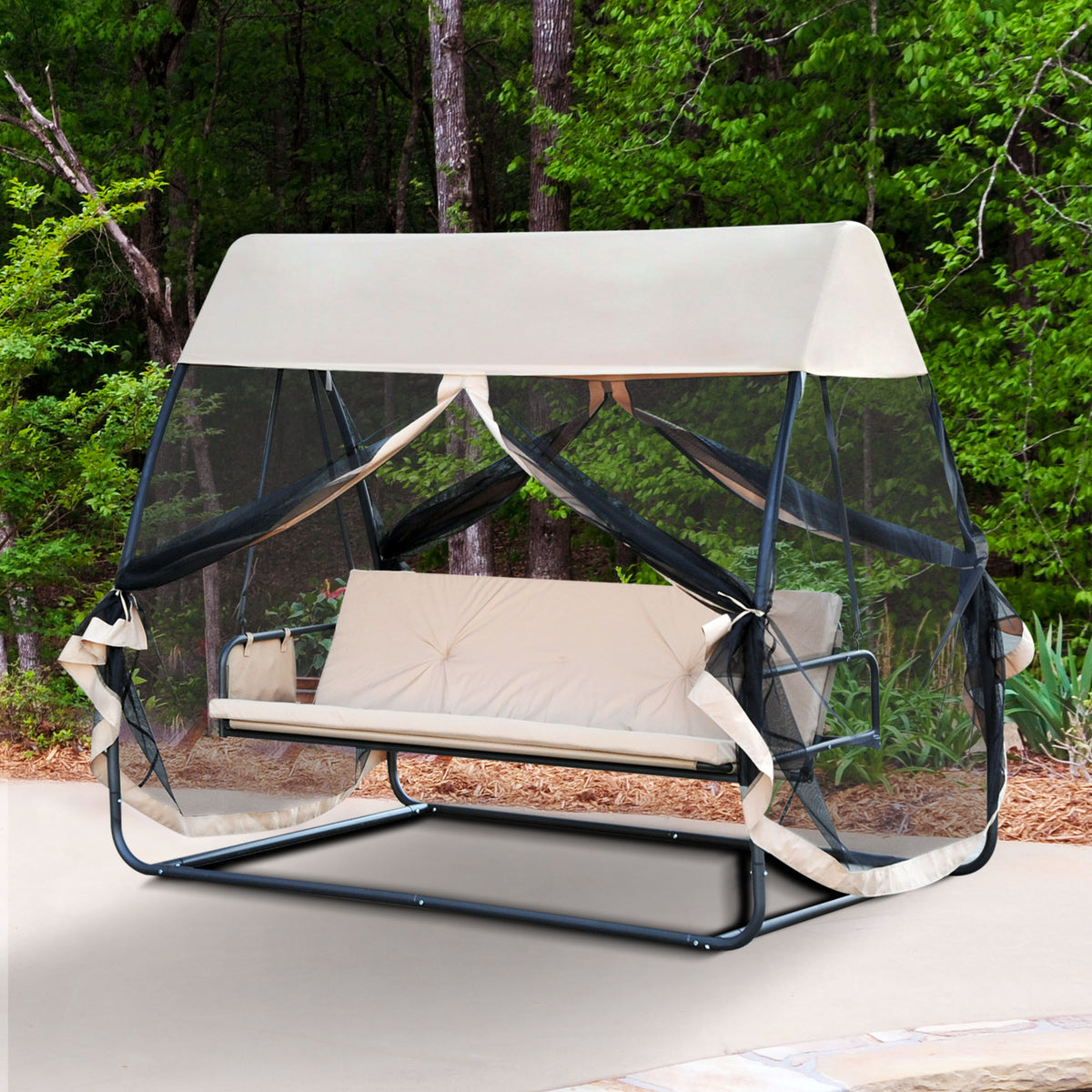Baloiço de Jardim de 3 Lugares Convertível em Cama com Rede Mosquiteira para Terraço Balcão Exterior Carga Máxima 300kg 240x140x197cm Creme — foto 2