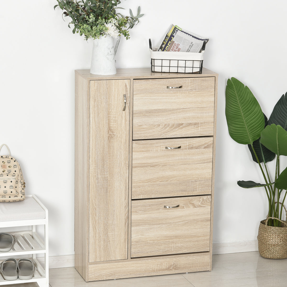 Sapateira com 3 Portas para até 12 Pares de Sapatos Móvel de Entrada com Armário Lateral e Compartimento para Sapatos com Prateleira Ajustável em até 2 Níveis 79x26x120cm Madeira — foto 2