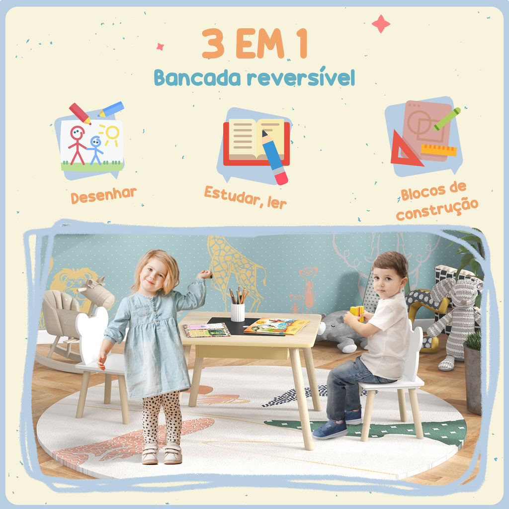 Conjunto de Mesa e 2 Cadeiras de Madeira Mesa Infantil com Cadeiras com Encosto em Forma de Ursinho e Compartimentos Ocultos para Crianças para Escola Infantil Quarto Madeira e Branco — foto 4