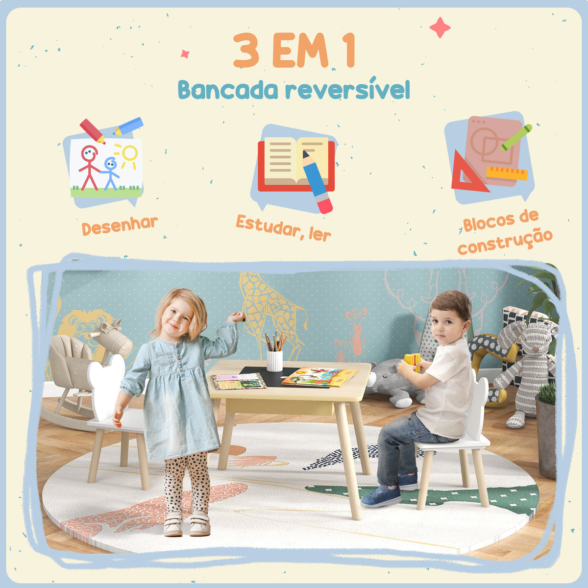 Conjunto de Mesa e 2 Cadeiras de Madeira Mesa Infantil com Cadeiras com Encosto em Forma de Ursinho e Compartimentos Ocultos para Crianças para Escola Infantil Quarto Madeira e Branco — foto 4