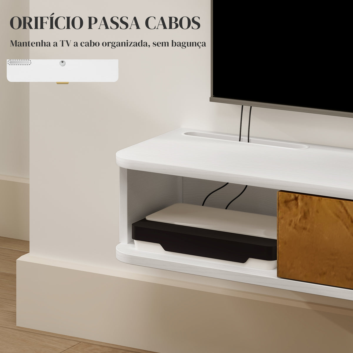 Conjunto de Móveis de Sala, Móvel de TV com Prateleira de Parede, Porta, Prateleiras Abertas, Orifícios para Cabos, para Televisão de Parede, 120x24x16 cm, Branco — foto 6