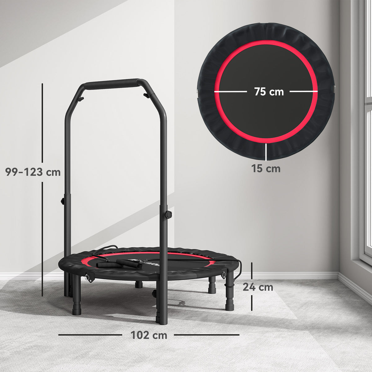 Trampolim de Fitness Ø102 cm Trampolim Dobrável com Guiador Ajustável de 4 Níveis e Bandas para Treino de Pernas e Corpo em Casa Escritório Ginásio e Exterior Carga 150 kg Vermelho — foto 3