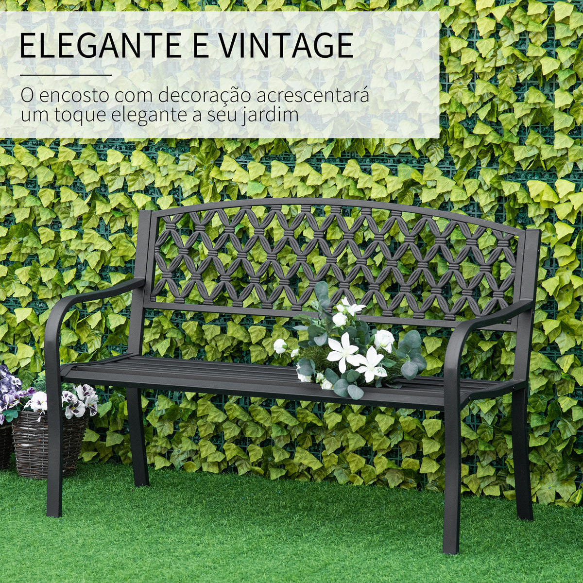 Banco de Jardim de 2 Lugares com Encosto Decorativo e Apoio para os Braços para Terraço Varanda Pátio Exterior Carga 280kg Ferro Fundido e Aço 128x58,5x89cm Preto — foto 4