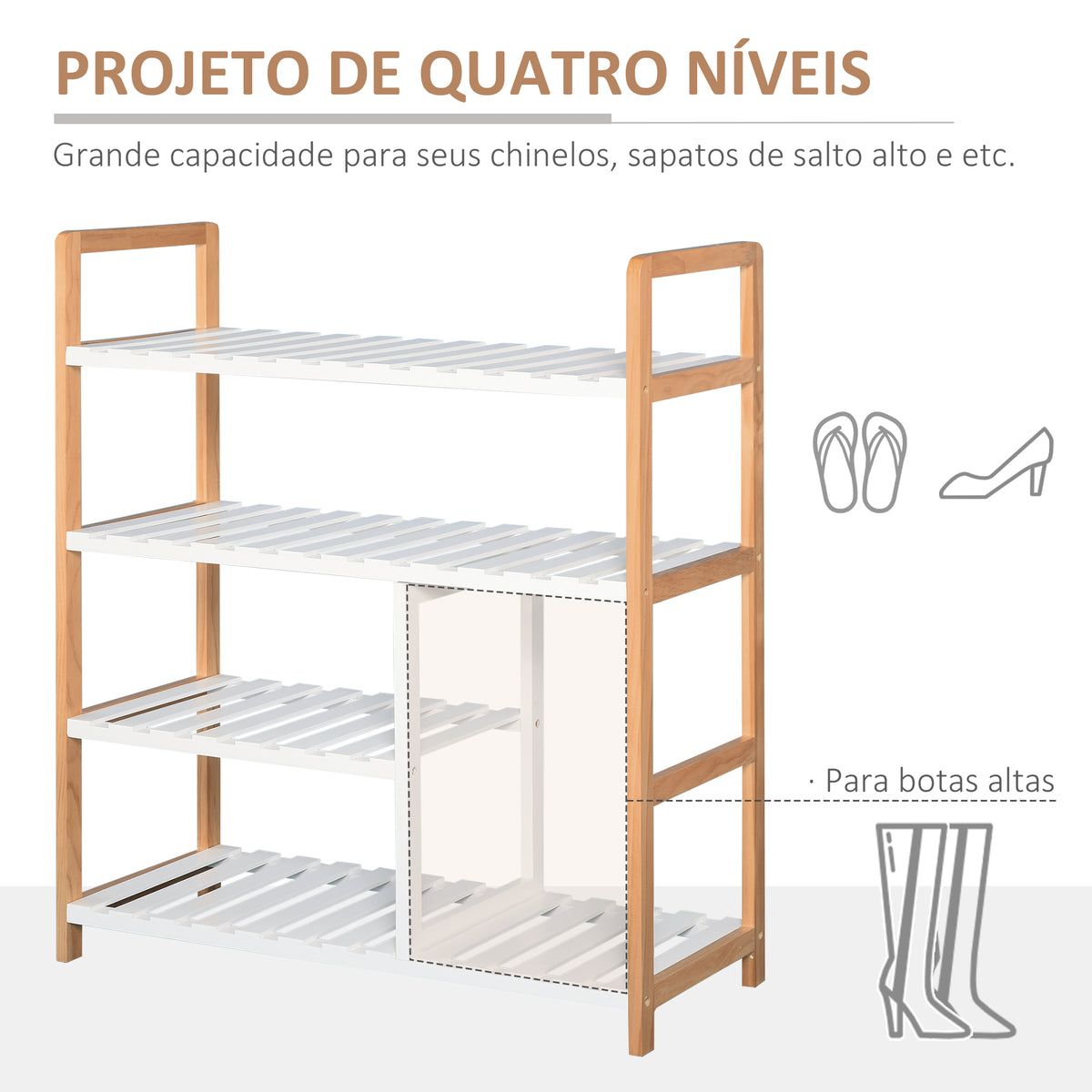 Sapateira multiuso com 4 níveis Máximo 11 pares com compartimento para botas altas Prateleira para sapatos Madeira maciça de pinho 68x26x78 cm Branco — foto 4