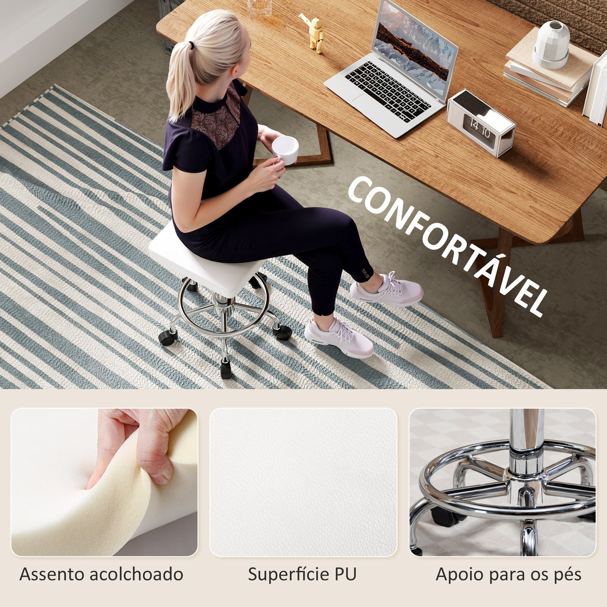 Banco Giratório Banco com Rodas Altura Regulável 50-66 cm Assento Estofado em Imitação de Couro Descanso para os Pés para Salões e Oficinas 34x34x50-66 cm Branco — foto 5
