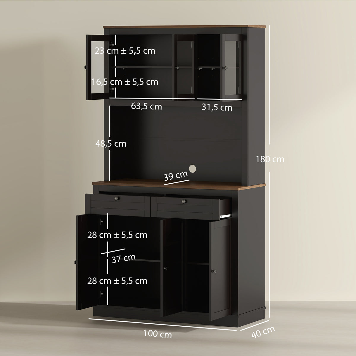 Armário de Cozinha Móvel Auxiliar de Cozinha com 3 Portas de Vidro Compartimento Aberto 2 Gavetas e Prateleiras Ajustáveis 100x40x180 cm Preto — foto 3