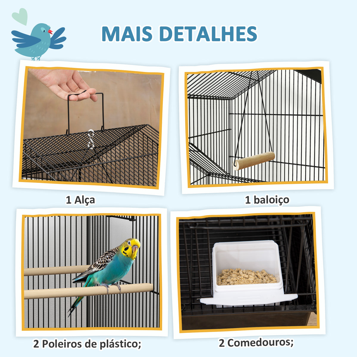 Gaiola de Metal para Pássaros com Bandeja Amovível e Rodas Gaiola para Canários com 4 Comedouros 3 Poleiros e 1 Baloiço para Periquitos 50,5x41x163 cm Preto — foto 4