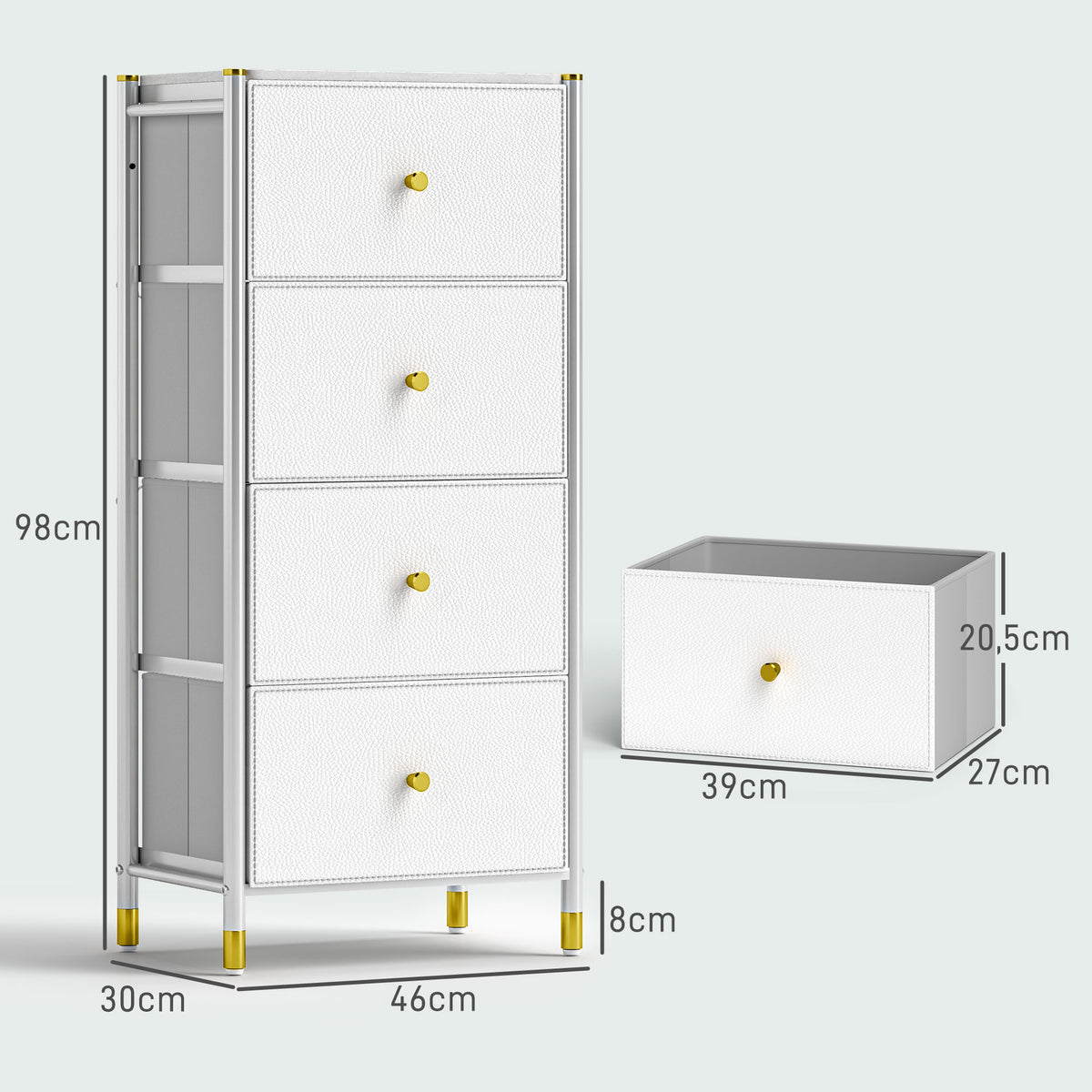 Cómoda para Dormitório Cómoda de Tecido com 4 Gavetas Dobráveis com Frentes de Couro PU e Estrutura de Aço Cómoda para Dormitório 46x30x98 cm Branco — foto 3