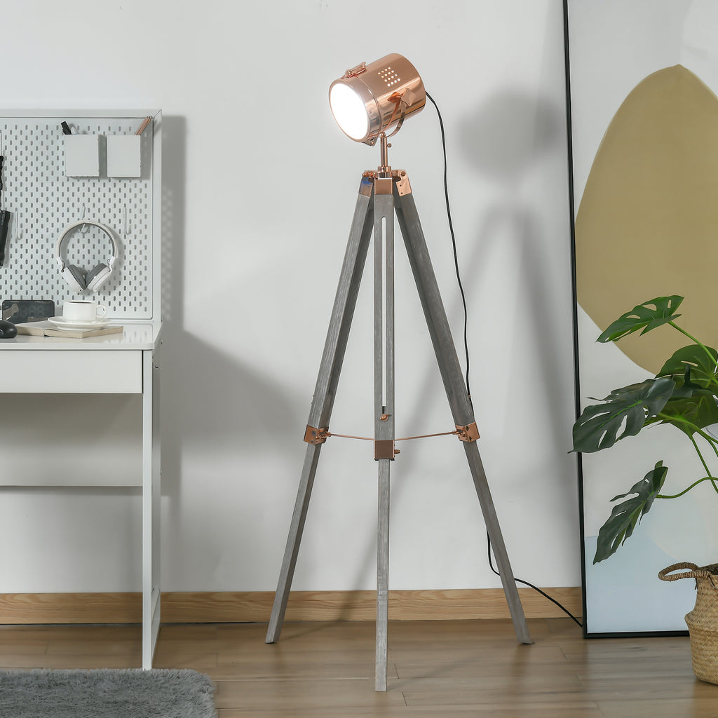 Candeeiro de Pé com Tripé de Madeira Suporte para Lâmpada E14 Máx. 25W IP20 Altura Ajustável Interruptor de Pé Candeeiro de Pé para Sala de Estar Dormitório Escritório Ø65x100-140cm Madeira Envelhecida e Ouro Rosa — foto 2