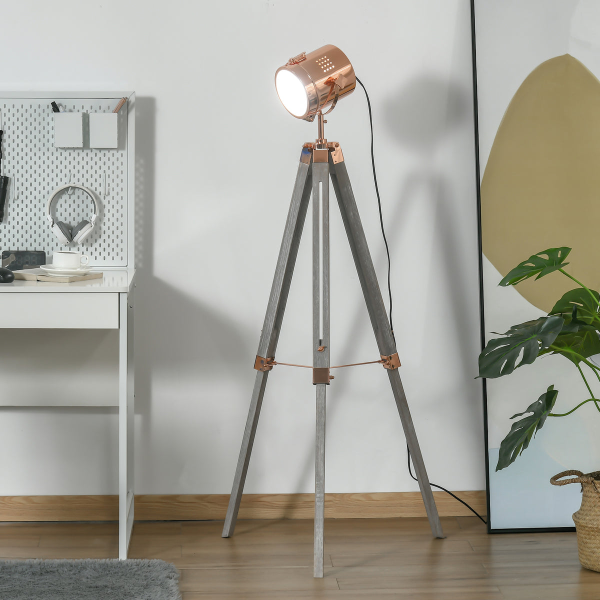 Candeeiro de Pé com Tripé de Madeira Suporte para Lâmpada E14 Máx. 25W IP20 Altura Ajustável Interruptor de Pé Candeeiro de Pé para Sala de Estar Dormitório Escritório Ø65x100-140cm Madeira Envelhecida e Ouro Rosa — foto 2