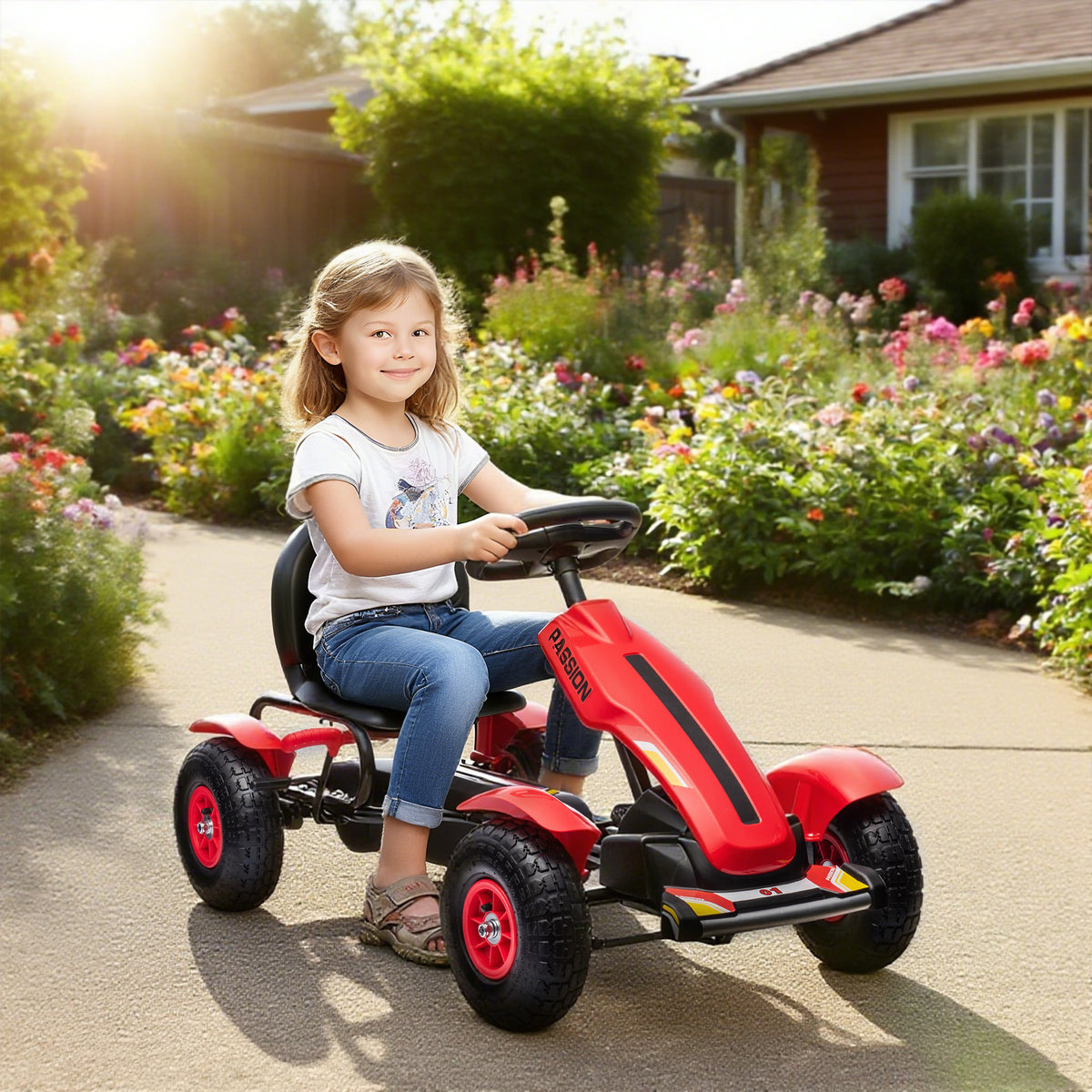 Kart a Pedais para Crianças Kart a Pedais Infantil com Assento Ajustável Pneus de Goma Travão de Mão para Crianças de 5-12 Anos Carga Máxima 50 kg 121x58x61 cm Vermelho — foto 2