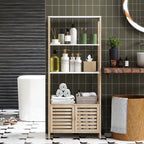 Estante para Casa de Banho de Bambu com 3 Prateleiras Abertas Estante de Arrumação Casa de Banho com Portas Ripadas 63x30x138 cm Madeira e Branco — foto 7