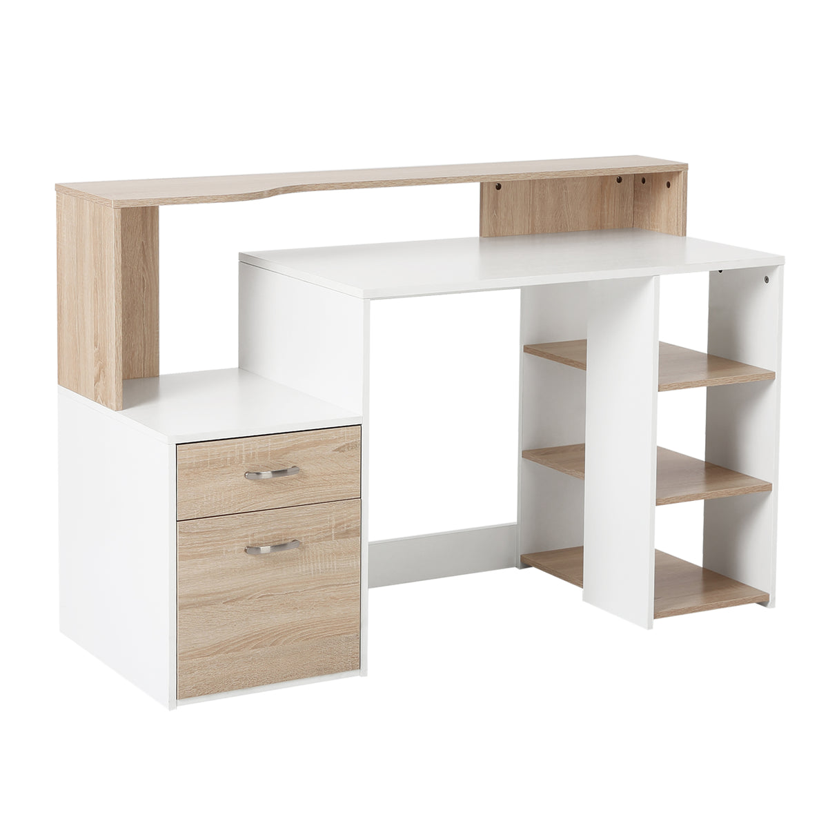 Secretária para Computador 137x55x92cm Secretária com 3 Prateleiras 2 Gavetas e Suporte para Impressora para Escritório Estudio Branco e Carvalho — foto 1