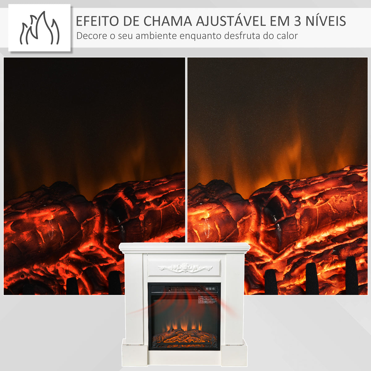 Lareira Elétrica 1800W Lareira Decorativa com Efeito de Chama Realista Controlo Remoto Temporizador Proteção contra Sobreaquecimento para Ambientes até 30 m² 80,7x22,5x76,5 cm Branco — foto 4