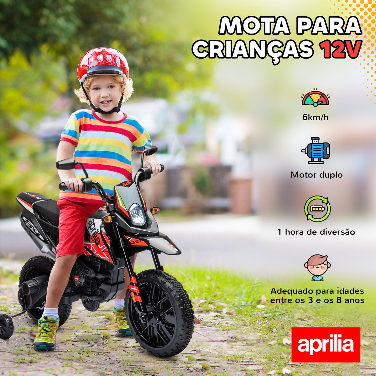 Mota Elétrica Infantil com Licença Oficial Aprilia 12V 25W Rodas de Apoio Removíveis Farol Música Porta USB e Amortecedor Traseiro Vermelho — foto 4
