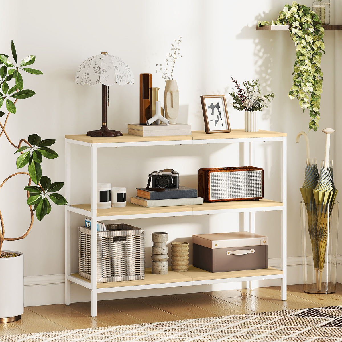 Mesa Consola Estreita Consola de Entrada Mesa de Entrada Moderna com 3 Prateleiras Abertas e Pés de Metal para Corredor Entrada Sala Dormitório 101x35x80 cm Madeira e Branco — foto 2