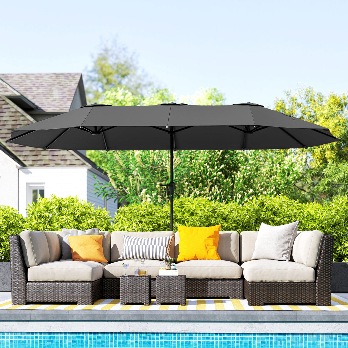 Chapéu de Sol Duplo 4x2,2 m Chapéu de Sol para Jardim com Manivela Manual Impermeável e Proteção UV30+ Chapéu de Sol Grande para Exterior Praia Piscina Cinza Escuro — foto 2