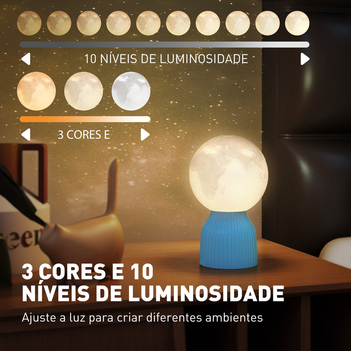 Conjunto de 3 Candeeiros de Mesa de Cabeceira 3D Candeeiros de Mesa com 3 Cores Brilho Ajustável em 10 Níveis Conexão USB para Casa Escritório Quarto Branco — foto 5