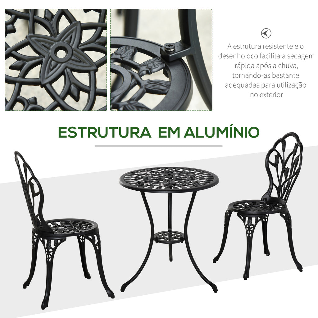 Conjunto de Mesa e Cadeiras de Exterior de 3 Peças Móveis de Jardim de Alumínio com Encosto com Padrão de Tulipa e Mesa com Orifício para Chapéu de Sol Preto — foto 5