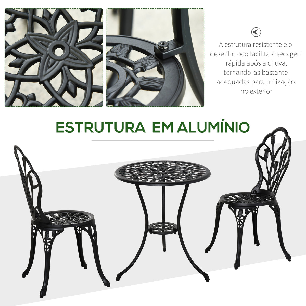 Conjunto de Mesa e Cadeiras de Exterior de 3 Peças Móveis de Jardim de Alumínio com Encosto com Padrão de Tulipa e Mesa com Orifício para Chapéu de Sol Preto — foto 5