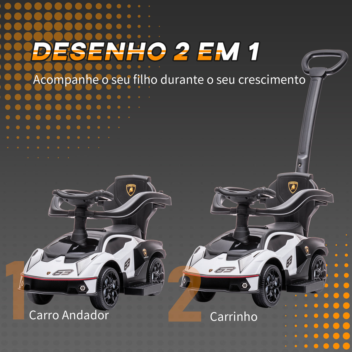 2 em 1 Carro Andador para Crianças 12-36 Meses Lamborghini Essenza SCV2 Carro Andador com Buzina Guiador e Grade de Segurança Removível 86,5x40x89,5cm Branco e Preto — foto 4