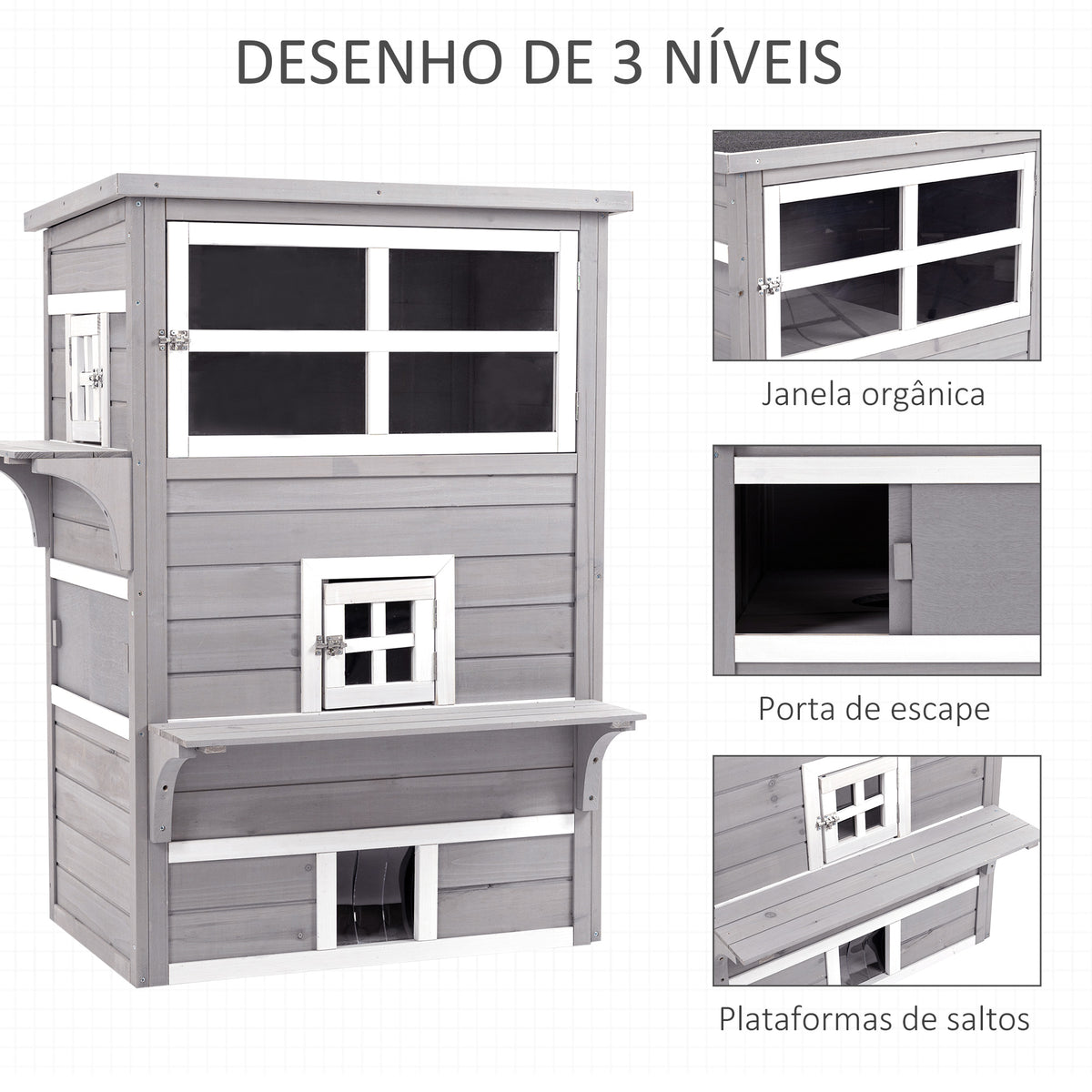 Casa para Gatos de Madeira Exterior Casa Grande para Gatos de 3 Andares com Múltiplas Entradas Janelas e 2 Plataformas para Terraço Balcão Jardim 98x68,5x122cm Cinza — foto 4