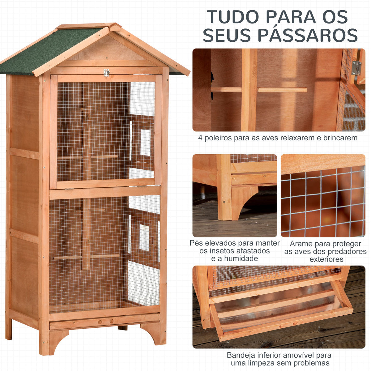 Gaiola para Pássaros Gaiola para Pássaros de Madeira com 3 Portas 4 Poleiros Bandeja Amovível e Teto Asfáltico 80,5x57x153 cm Natural — foto 5