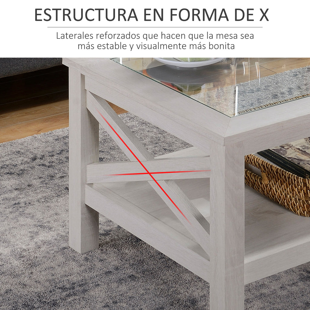 Mesa de Centro Mesa Auxiliar com Prateleira Bancada de Vidro Temperado para Sala de Estar 100x55x45cm Carvalho Branco — foto 5