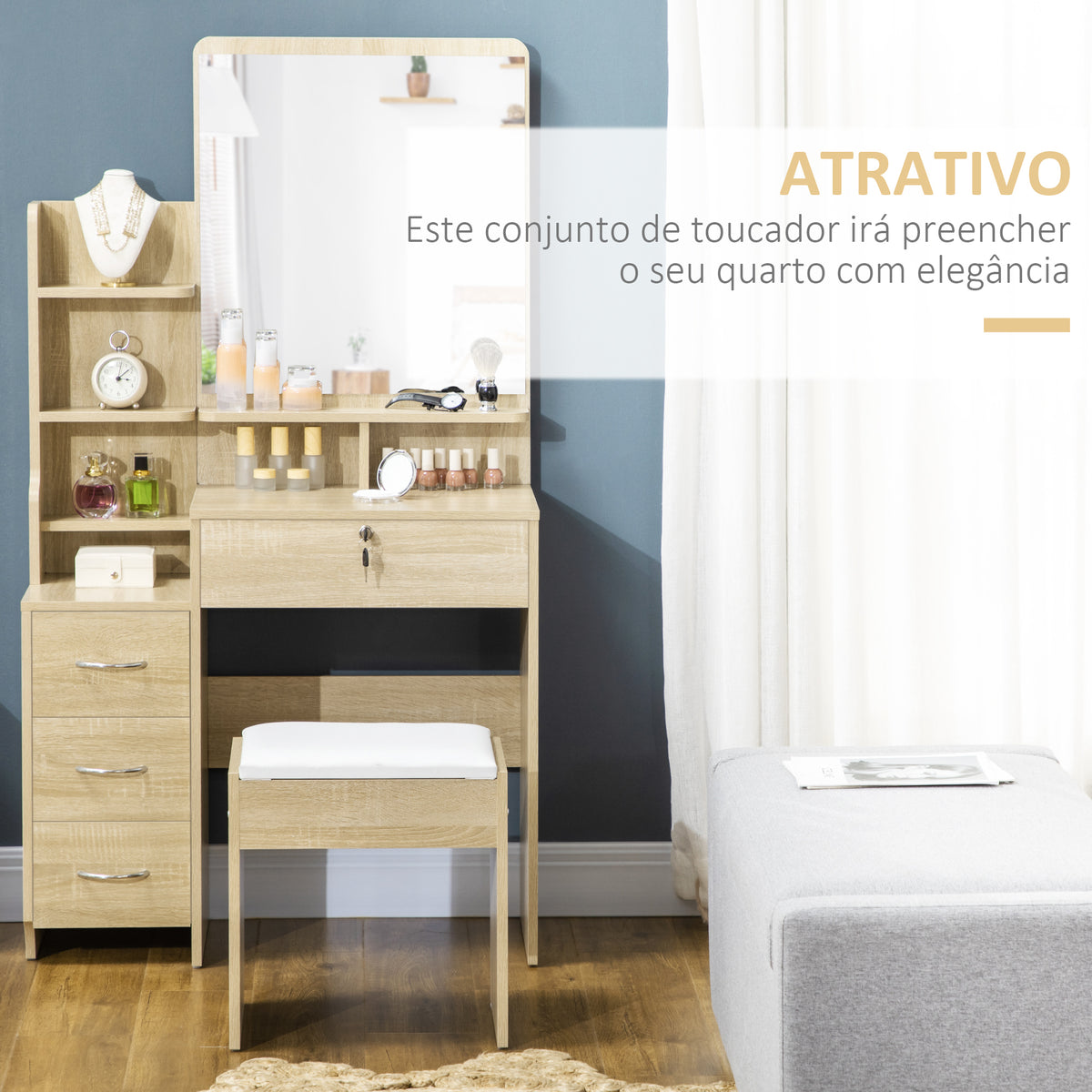 Toucador de Maquilhagem com Banco e Espelho Mesa de Maquilhagem com 4 Gavetas 4 Compartimentos de Armazenamento Estilo Moderno 80x38x143 cm Madeira — foto 4
