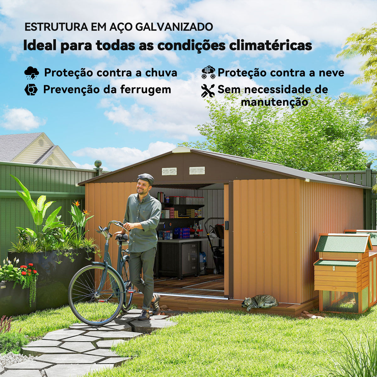 Abrigo de Jardim Metálico 340x386x200cm Abrigo de Exterior para Armazenamento de Ferramentas com Base de Reforço Incluida 4 Janelas de Ventilação e Porta Corredeira Marrom — foto 4