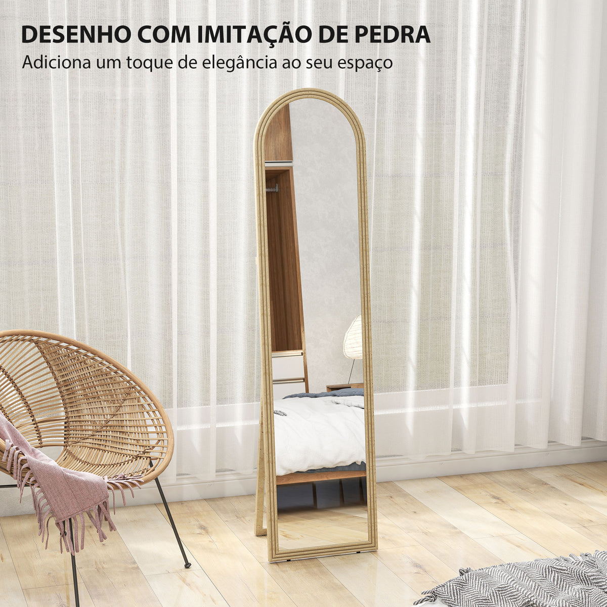 Espelho de Pé 160x40 cm com Moldura Efeito Pedra Espelho de Corpo Inteiro Retangular para Pendurar com Suporte 2 Formas de Utilização para Sala Entrada e Quarto Bege — foto 5
