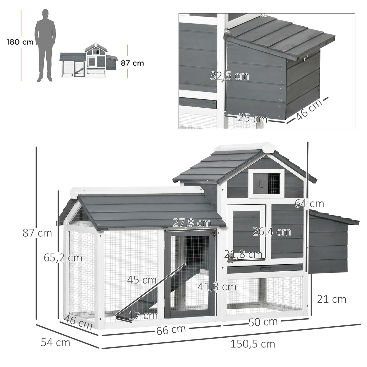 Galinheiro de Madeira para Exterior Gaiola para 2-3 Galinhas com Cercado de Arame Teto Abatível Caixa Ninho Bandeja Removível e Rampa 150,5x54x87cm Cinza e Branco — foto 3
