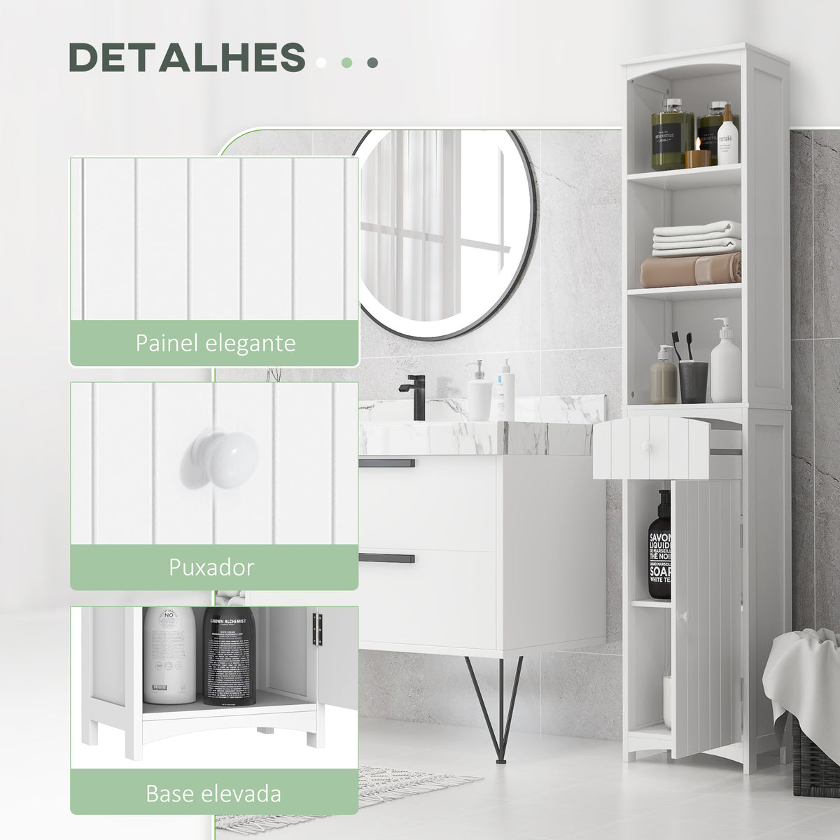 Coluna Casa de Banho com 1 Gaveta Armário e 3 Prateleiras Abertas Armário Alto Auxiliar para Casa de Banho 34x24x170 cm Branco — foto 5