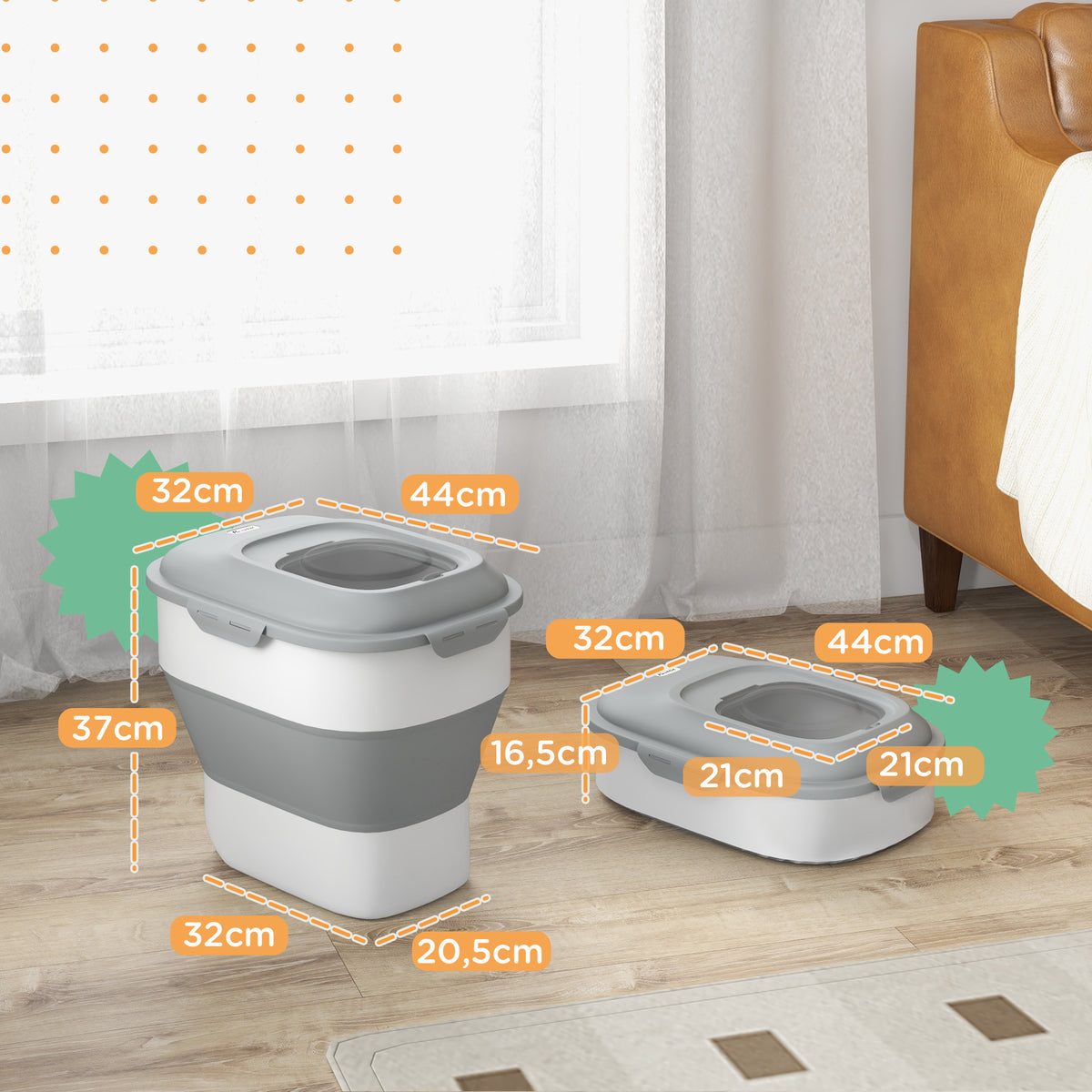 Recipiente de alimentação dobrável de 25l, recipiente de comida para cães com rodas, copo de medição, tigela dobrável e colher, recipiente de comida para animais de estimação, gatos, cinza — foto 3