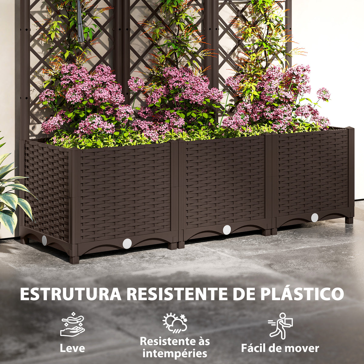 Floreira com Treliça de PP Floreira Exterior Grande com Drenagem e Amplo Espaço para Plantas Trepadoras Vaso com Suporte para Jardim Pátio Terraço 120x40x135 cm Marrom — foto 5