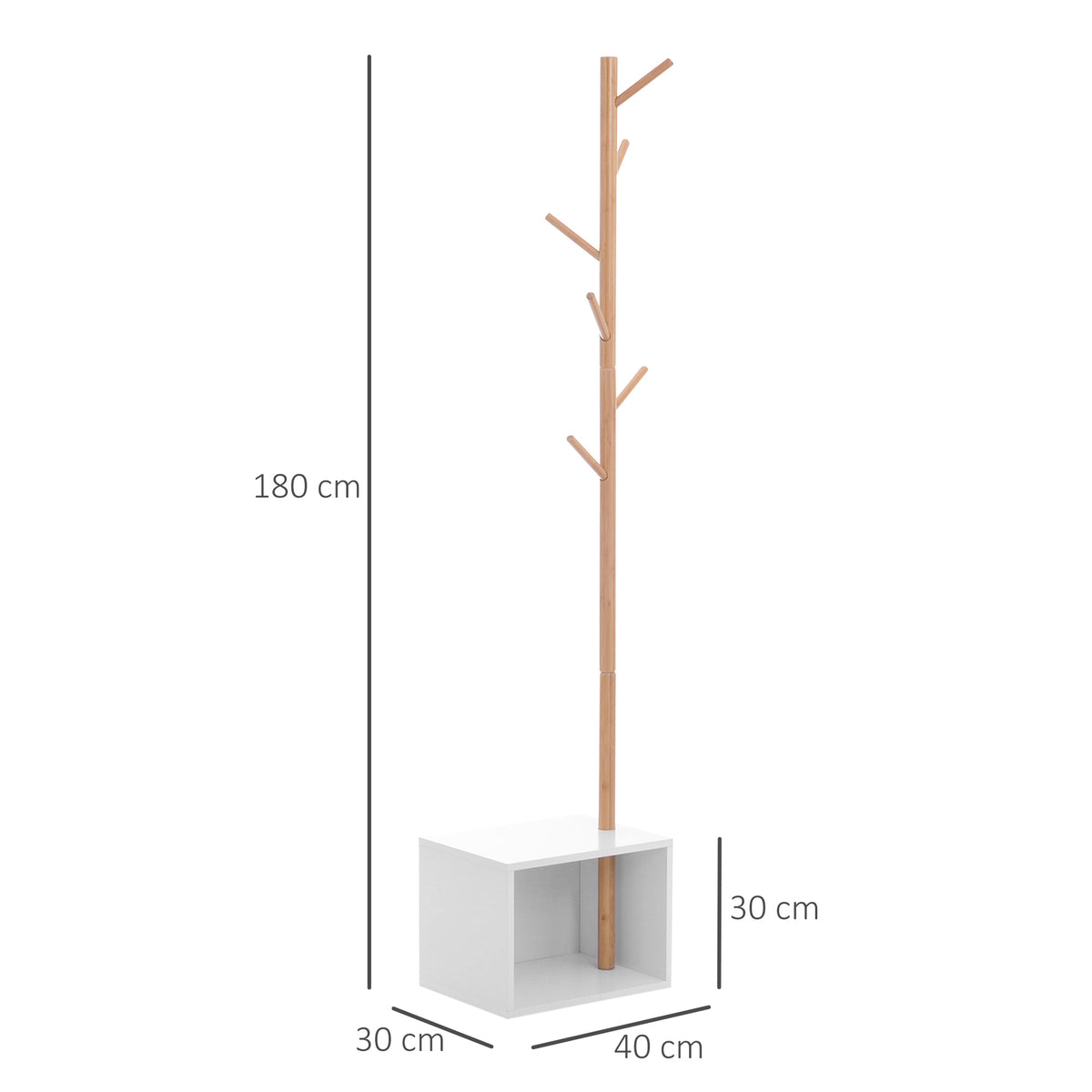 Cabide de Pé com Sapateira Cabide Tipo Árvore Moderno 6 Ganchos para Pendurar Roupa Malas Banco com Arrumação Corredor de Entrada Bambu 40x30x180cm — foto 3