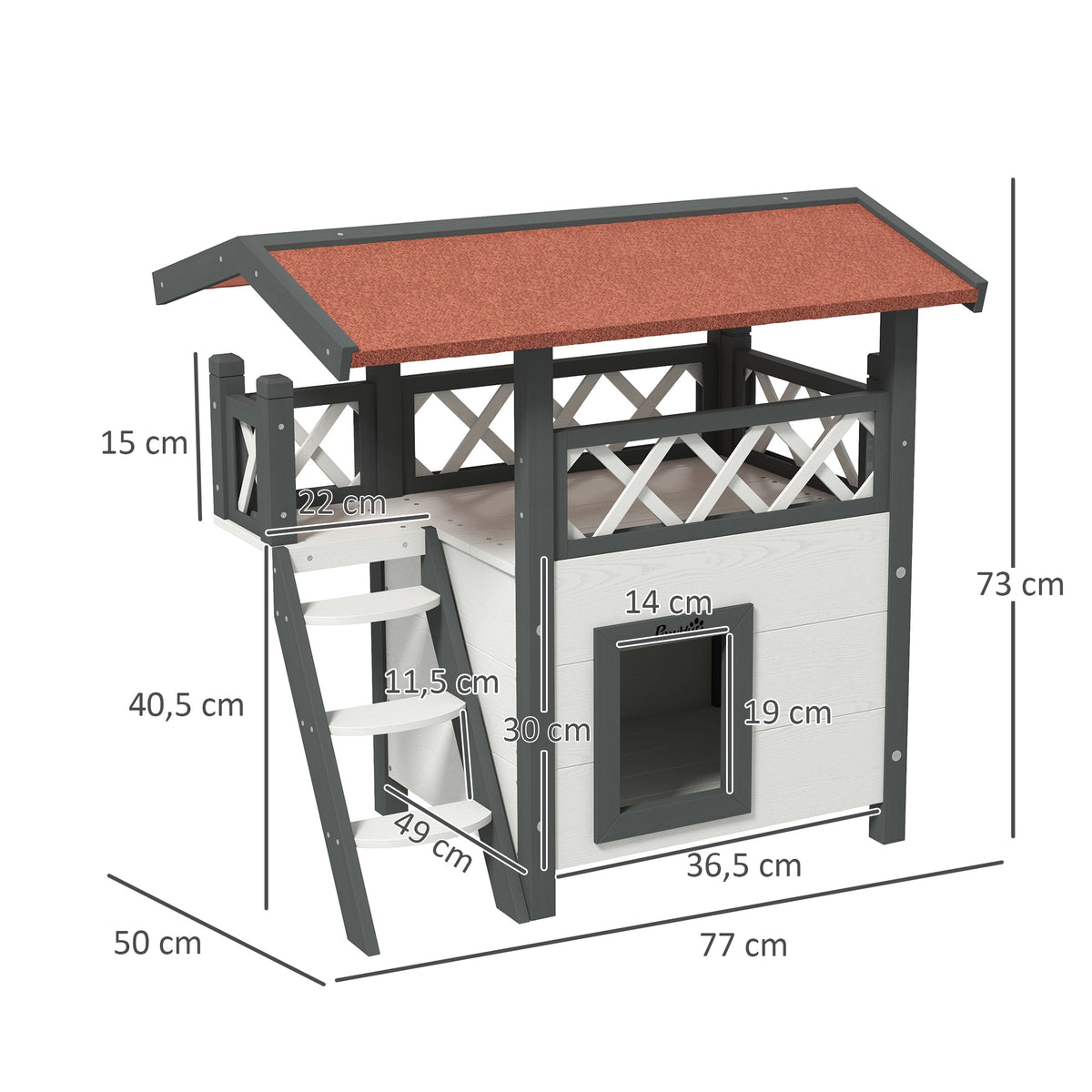 Casa para Gatos de Madeira 77x50x73cm Casa para Gatos com 2 Níveis com Teto Asfáltico Terraço Cercado Caverna e Escada para Interior e Exterior Branco — foto 3
